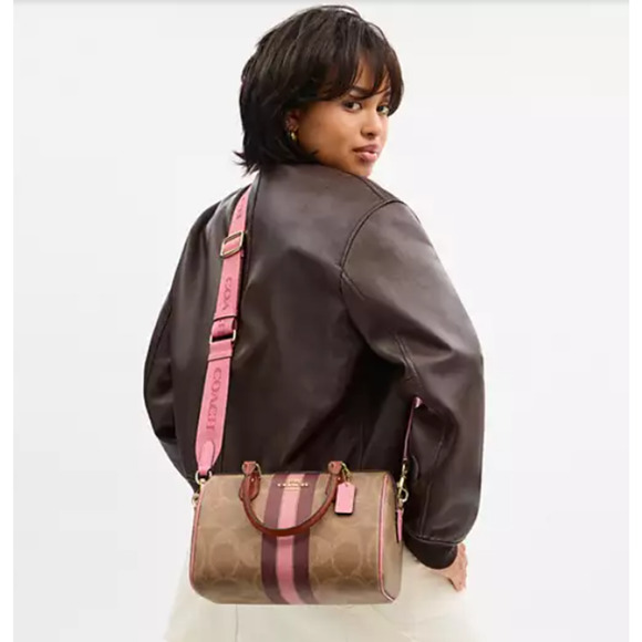 Coach Rowan Satchel Bag In Signature Canvas With Stripe Print In Tan CBI78 NWT - Picture 6 of 9